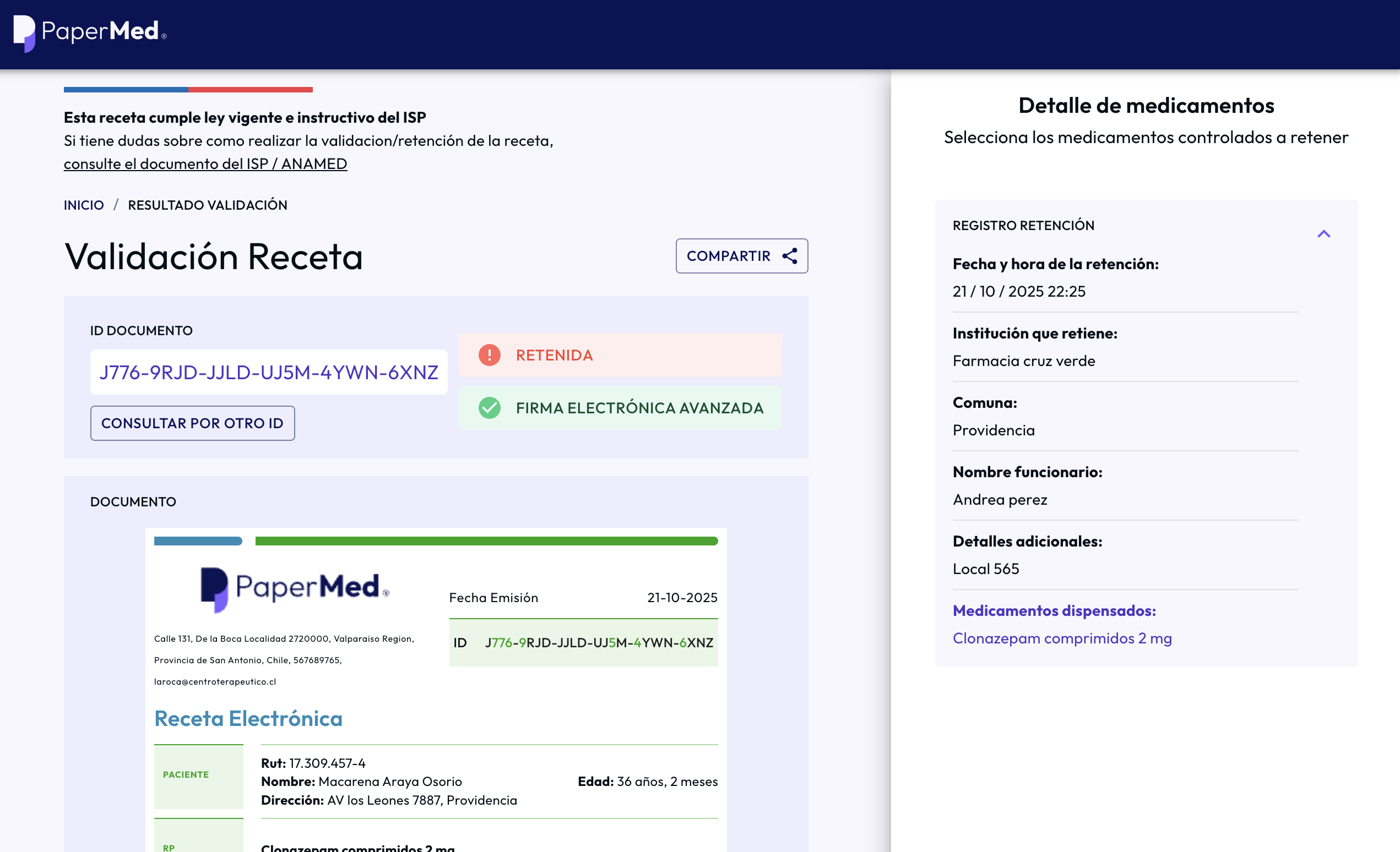 Validación y retención de recetas